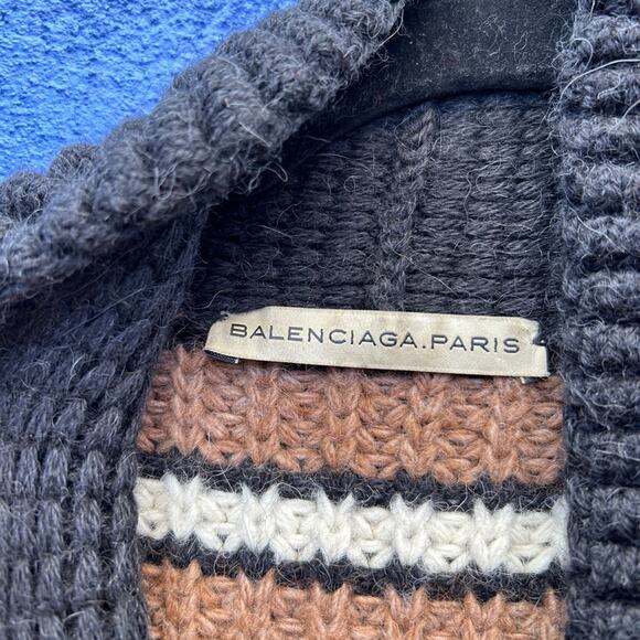 Balenciaga Paris Chunky Knit Lambswool Blend Striped Peplum Cardigan Sweater - Picture 3 of 8